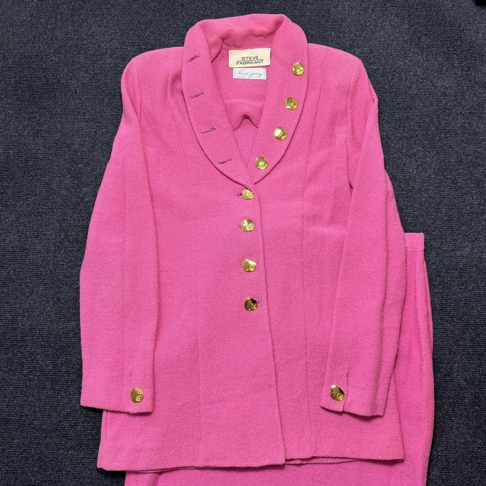 Vintage Steve Fabrikant Cardigan Sweater Skirt Set Womens Small Pink Tight-Knit